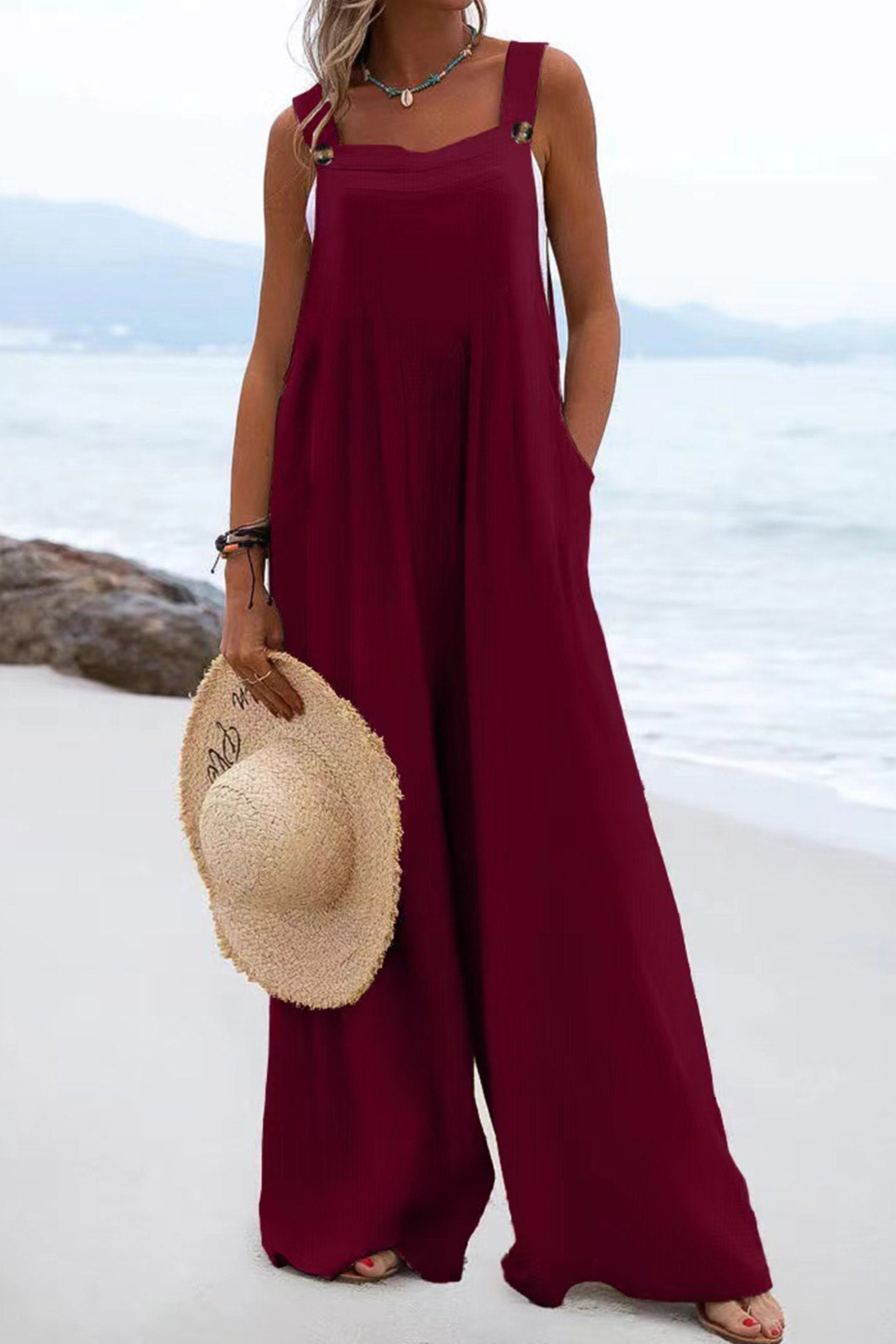 Women's Wide-Leg Jumpsuit - Sleeveless Relaxed Fit - Button Straps - Casual Wear