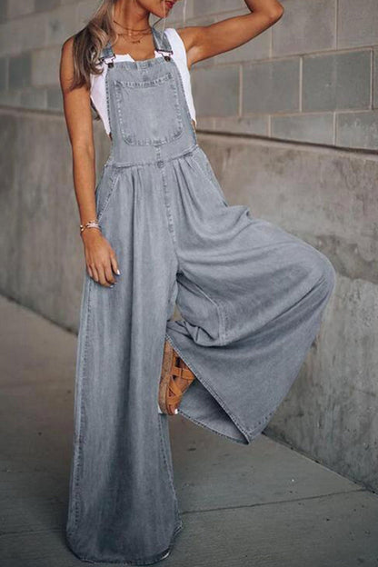 Women’s Denim Overalls - Wide Leg Relaxed Fit - Adjustable Straps - Pocket Front