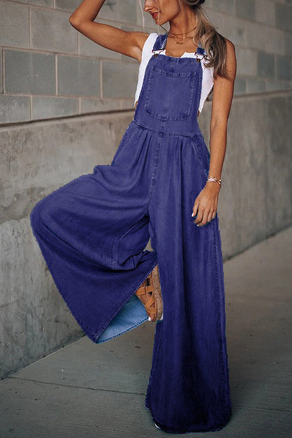 Women’s Denim Overalls - Wide Leg Relaxed Fit - Adjustable Straps - Pocket Front