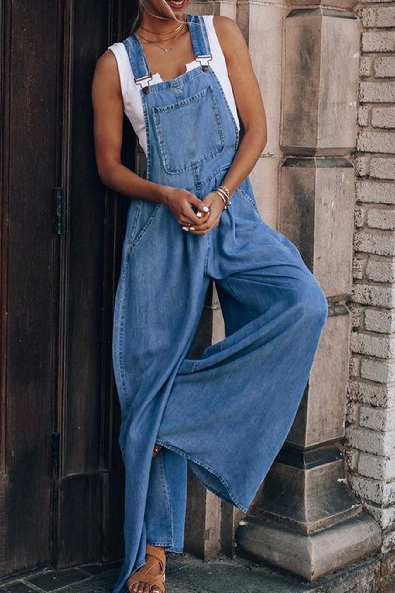 Women’s Denim Overalls - Wide Leg Relaxed Fit - Adjustable Straps - Pocket Front