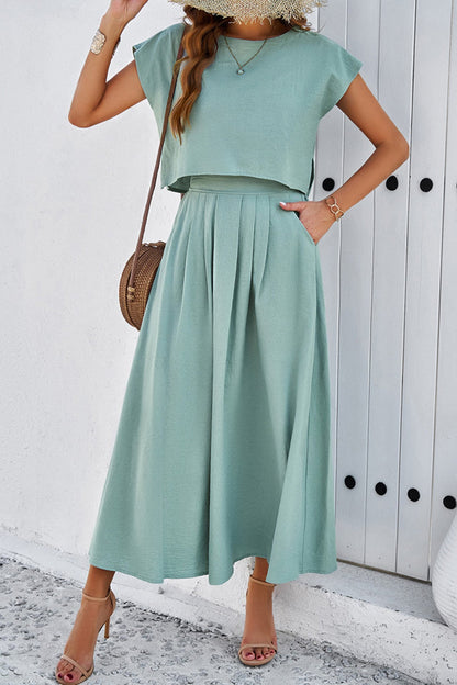 Women's slit crop top and ruched midi skirt set