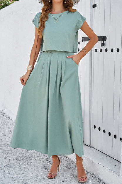 Women's slit crop top and ruched midi skirt set