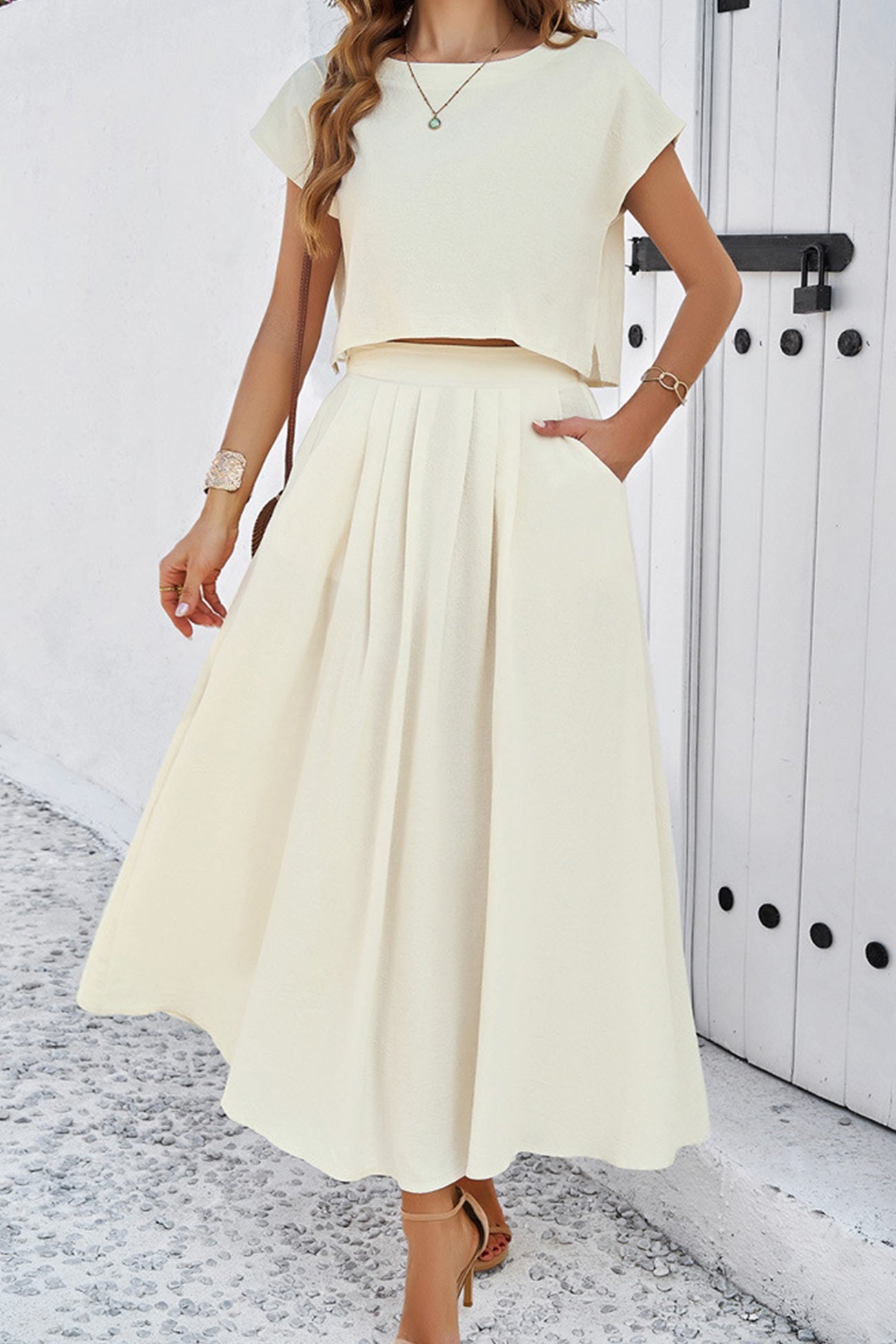 Women's slit crop top and ruched midi skirt set