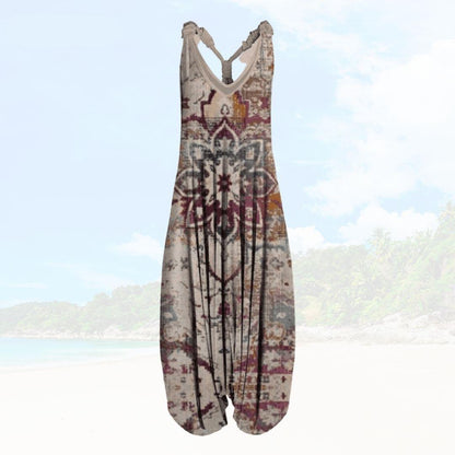 Women’s Jumpsuit – Relaxed Fit – Sleeveless – Low V-Neck – Breathable Blend – Full Length