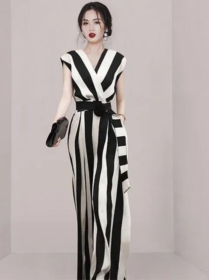 Women's Jumpsuit - Striped Wrap Bodice - V-Neck Wide-Leg Fit - Belted Waist
