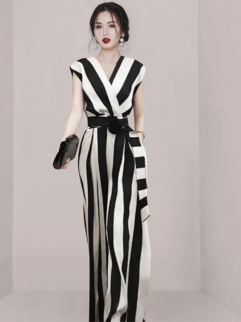 Striped Wrap Bodice Wide-Leg Jumpsuit