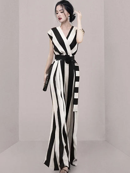Women's Jumpsuit - Striped Wrap Bodice - V-Neck Wide-Leg Fit - Belted Waist