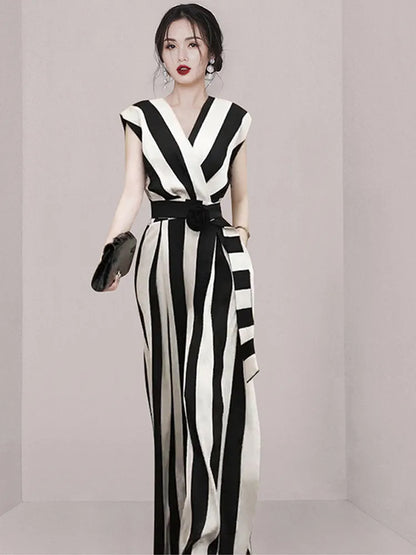 Women's Jumpsuit - Striped Wrap Bodice - V-Neck Wide-Leg Fit - Belted Waist