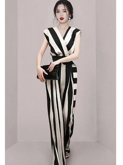 Women's Jumpsuit - Striped Wrap Bodice - V-Neck Wide-Leg Fit - Belted Waist