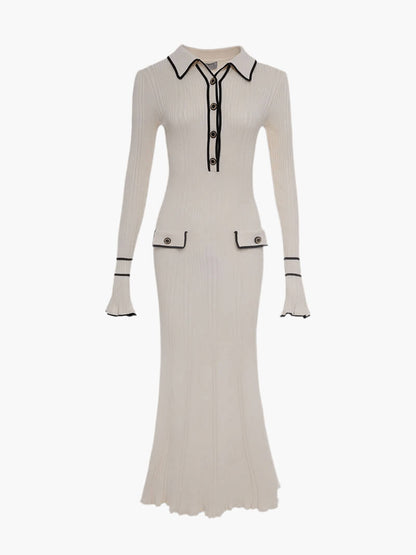 Women's Ribbed Knit Midi Dress - Fitted Long Sleeve - Button-Up Flared Hem