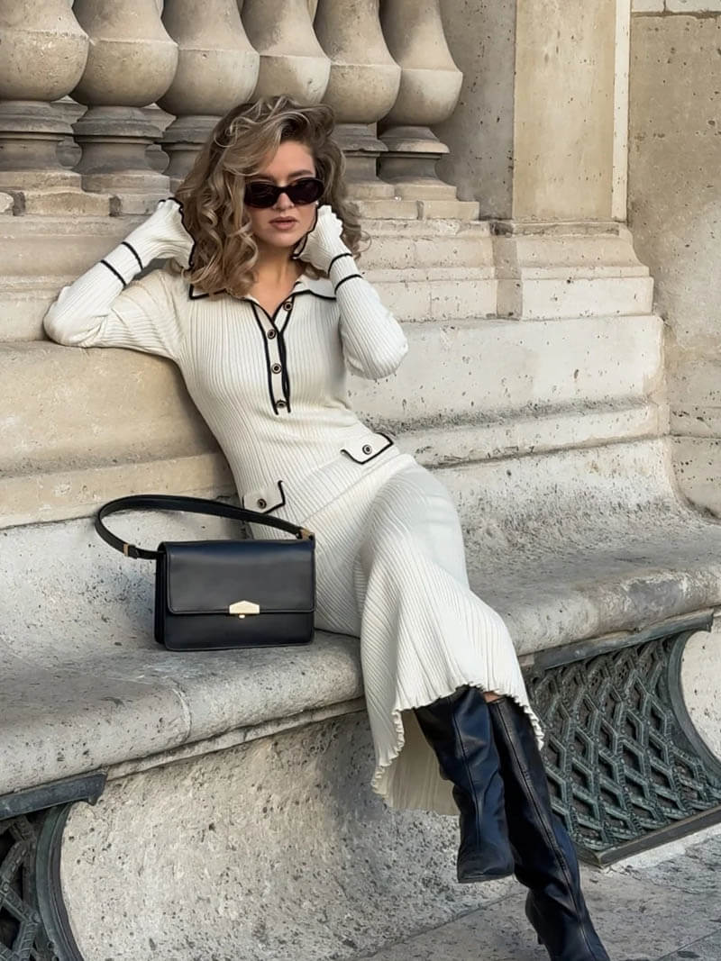 Women's Ribbed Knit Midi Dress - Fitted Long Sleeve - Button-Up Flared Hem
