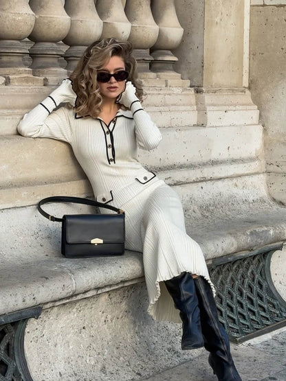 Women's Ribbed Knit Midi Dress - Fitted Long Sleeve - Button-Up Flared Hem