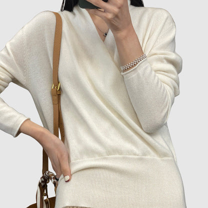 Women’s Sweater – Relaxed Fit Wrap Style – Ribbed Waist – Long Sleeve Wool Knit