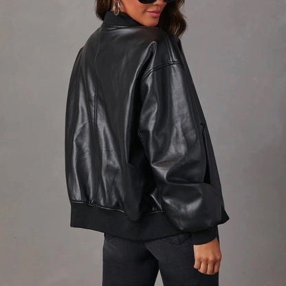 Women’s Bomber Jacket – Oversized Fit – Glossy Leather-Look – Ribbed Trim – Zip Front