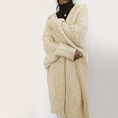 Women's autumn winter thick loose cable knit cardigan mid-length