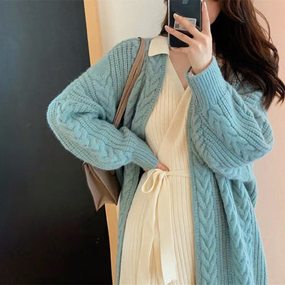 Women's autumn winter thick loose cable knit cardigan mid-length