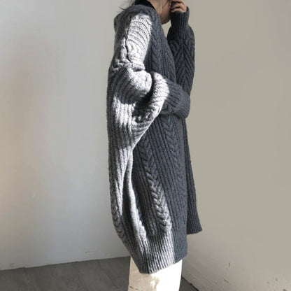 Women's autumn winter thick loose cable knit cardigan mid-length