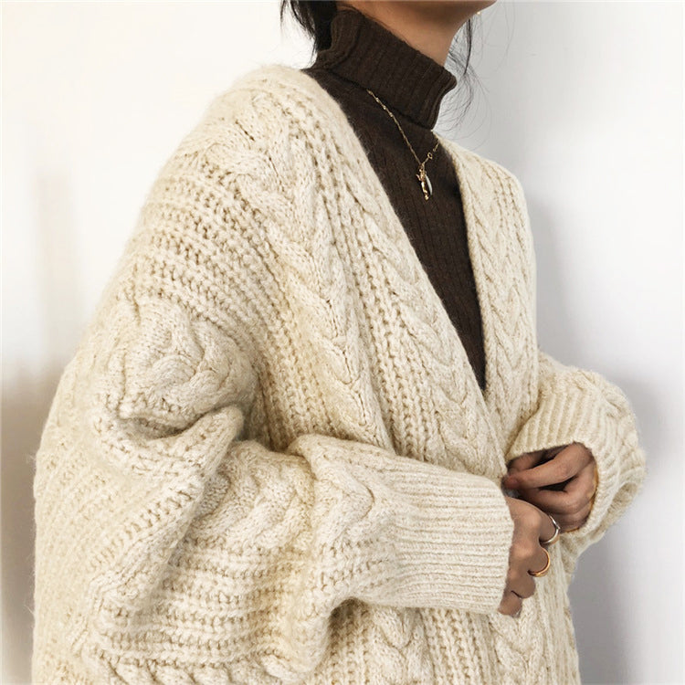 Women's autumn winter thick loose cable knit cardigan mid-length