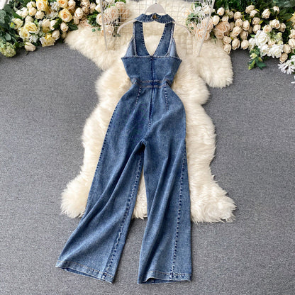 Women's Jumpsuit - Halter Neck - Wide Leg - High Waist Elegant Button Detail