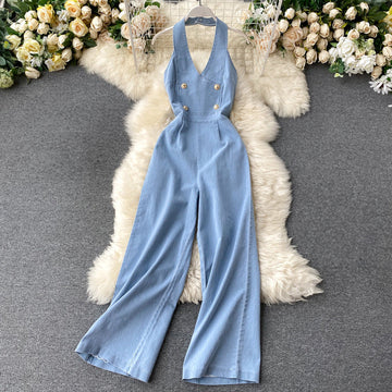 Halter neck denim jumpsuit wide leg high waist