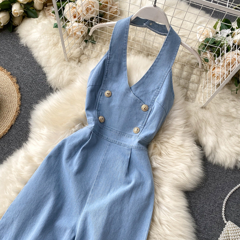 Women's Jumpsuit - Halter Neck - Wide Leg - High Waist Elegant Button Detail