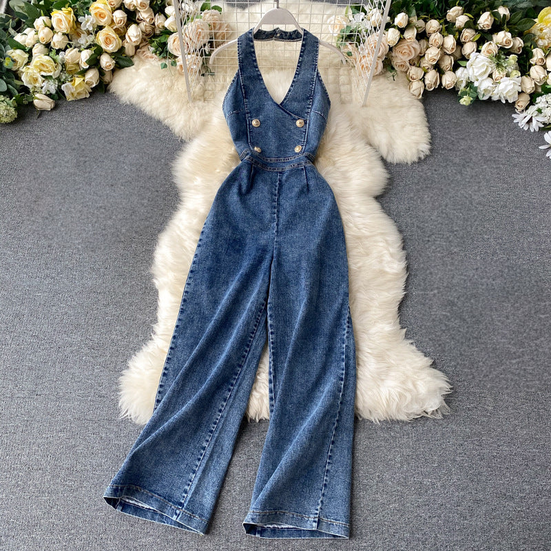 Halter neck denim jumpsuit wide leg high waist