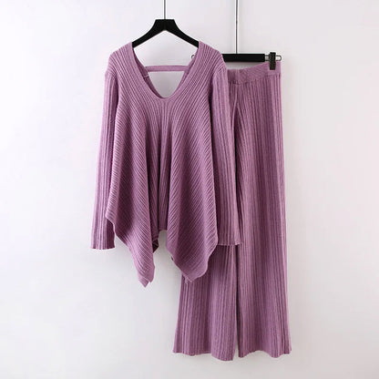Women's pleated knit v-neck top wide-leg pants set