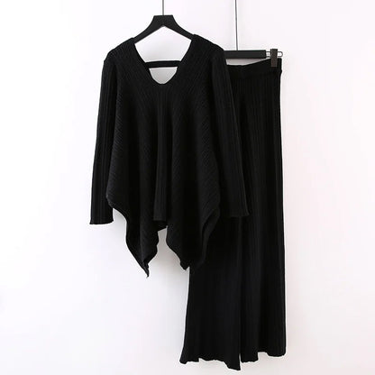 Women's pleated knit v-neck top wide-leg pants set