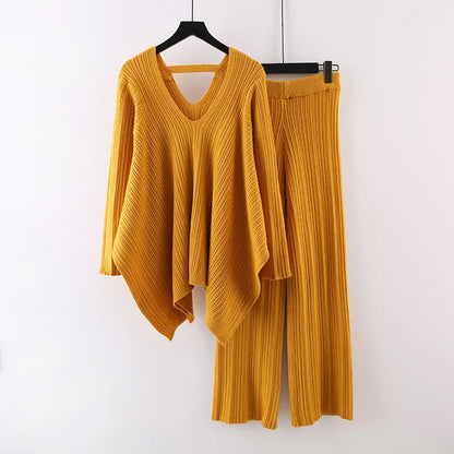 Women's pleated knit v-neck top wide-leg pants set