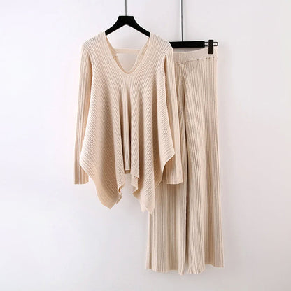 Women's pleated knit v-neck top wide-leg pants set