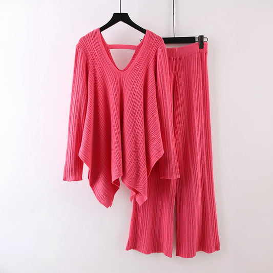 Pleated Knit V-Neck Top and Wide Leg Pants Set