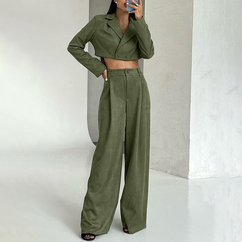 Women's v-neck crop blazer and high waist wide-leg pants set