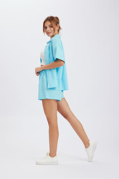 Merlina - solid button down drop shoulder shirt shorts set