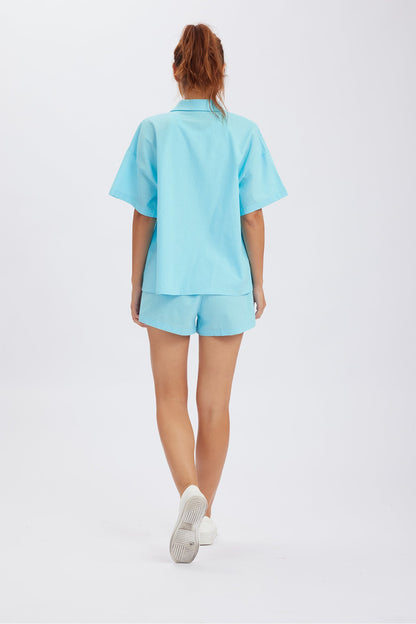 Merlina - solid button down drop shoulder shirt shorts set