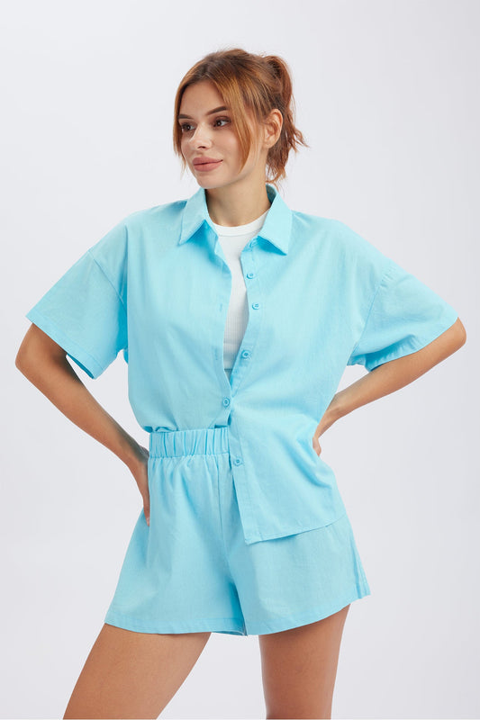 Solid Button Down Drop Shoulder Shirt Shorts Set