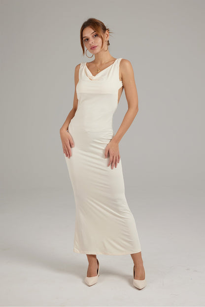 Women's Backless Gown - Full-Length Elegant Fit - Cowl Neck Evening Dress