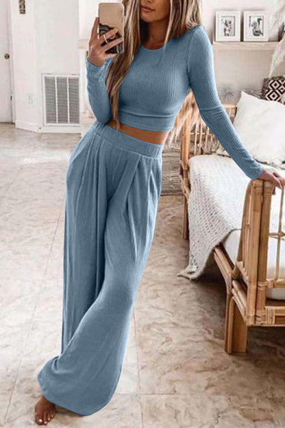 Women's ribbed crop top and long pants set
