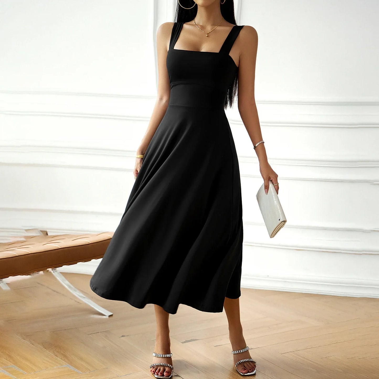 Women's Midi Dress - Square Neck - Wide Straps - Fitted Bodice - Elegant Fit-and-Flare