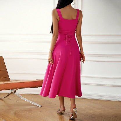 Women's Midi Dress - Square Neck - Wide Straps - Fitted Bodice - Elegant Fit-and-Flare