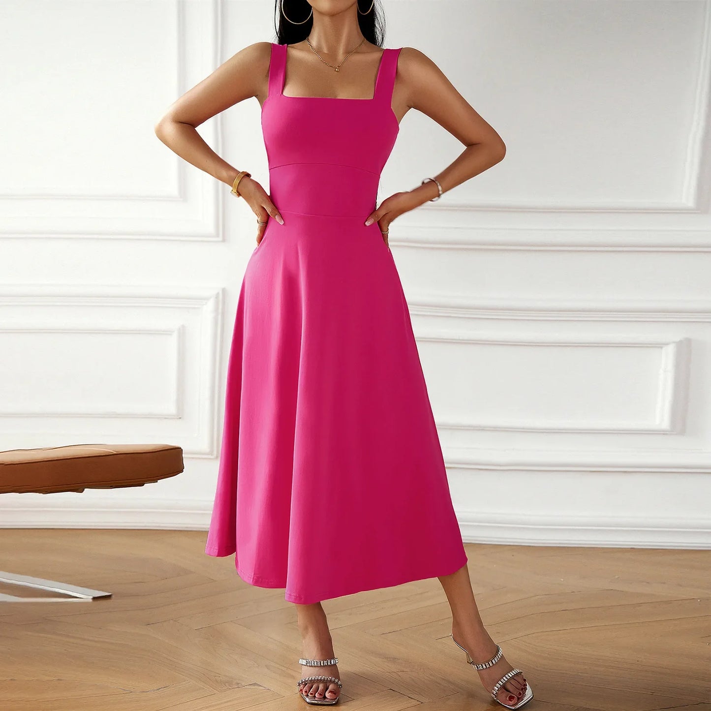 Women's Midi Dress - Square Neck - Wide Straps - Fitted Bodice - Elegant Fit-and-Flare