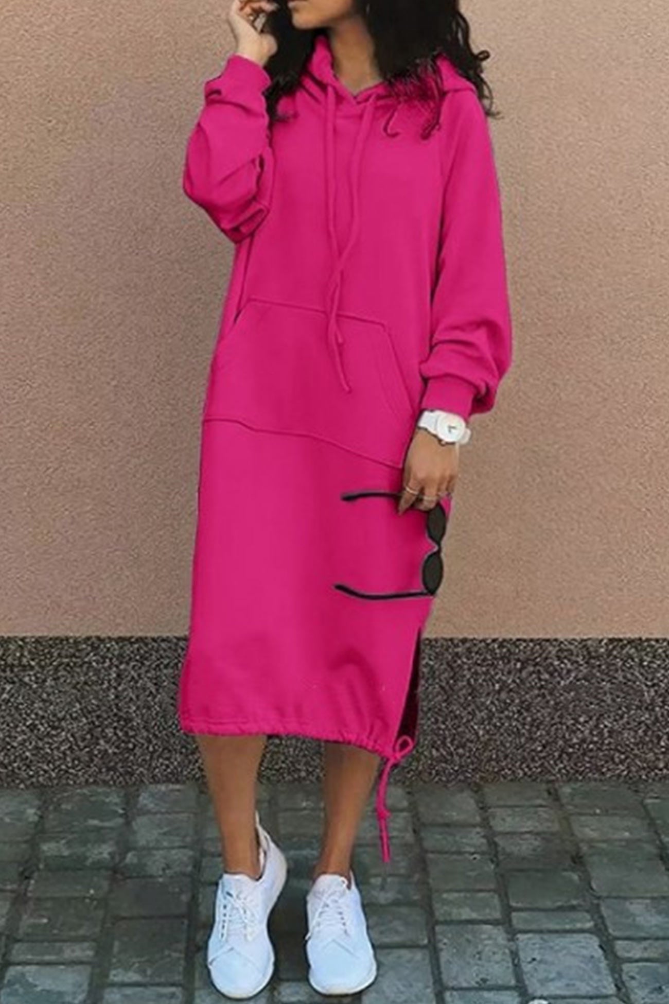 Women's Hoodie Dress - Midi Length - Drawstring Hood - Long Sleeve - Kangaroo Pocket