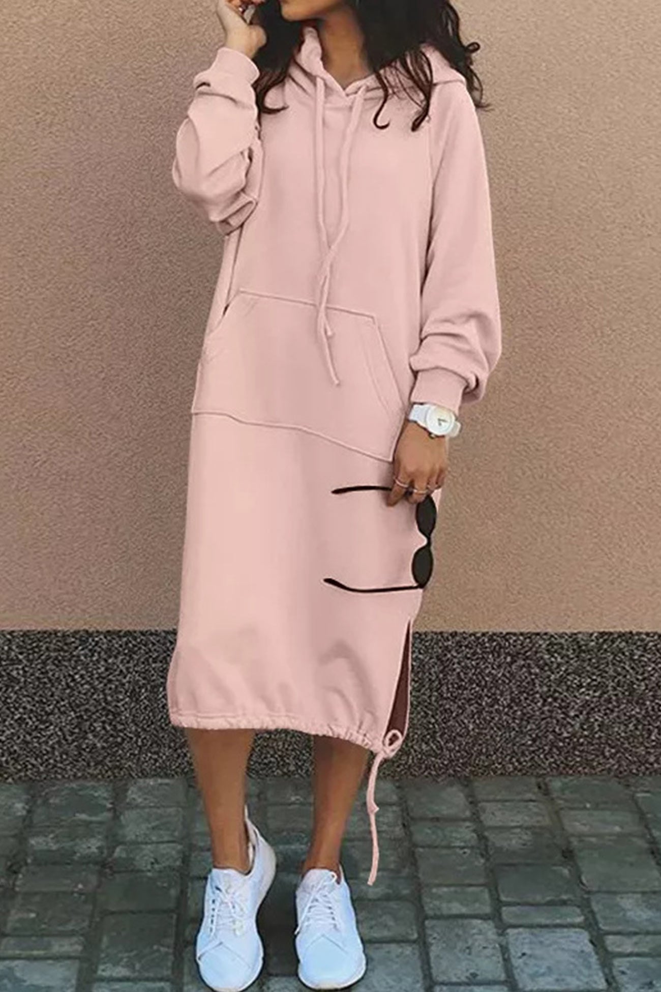 Drawstring Hood Midi Hoodie Dress