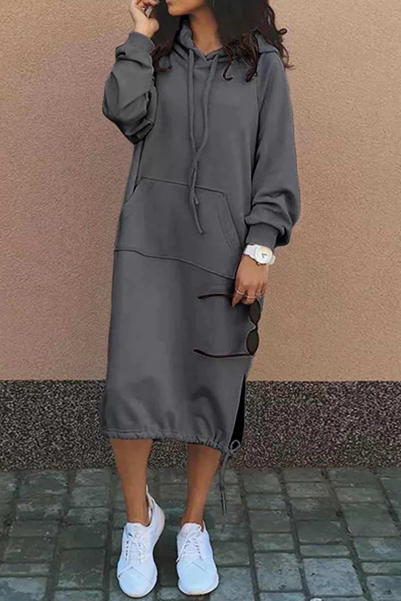 Drawstring Hood Midi Hoodie Dress
