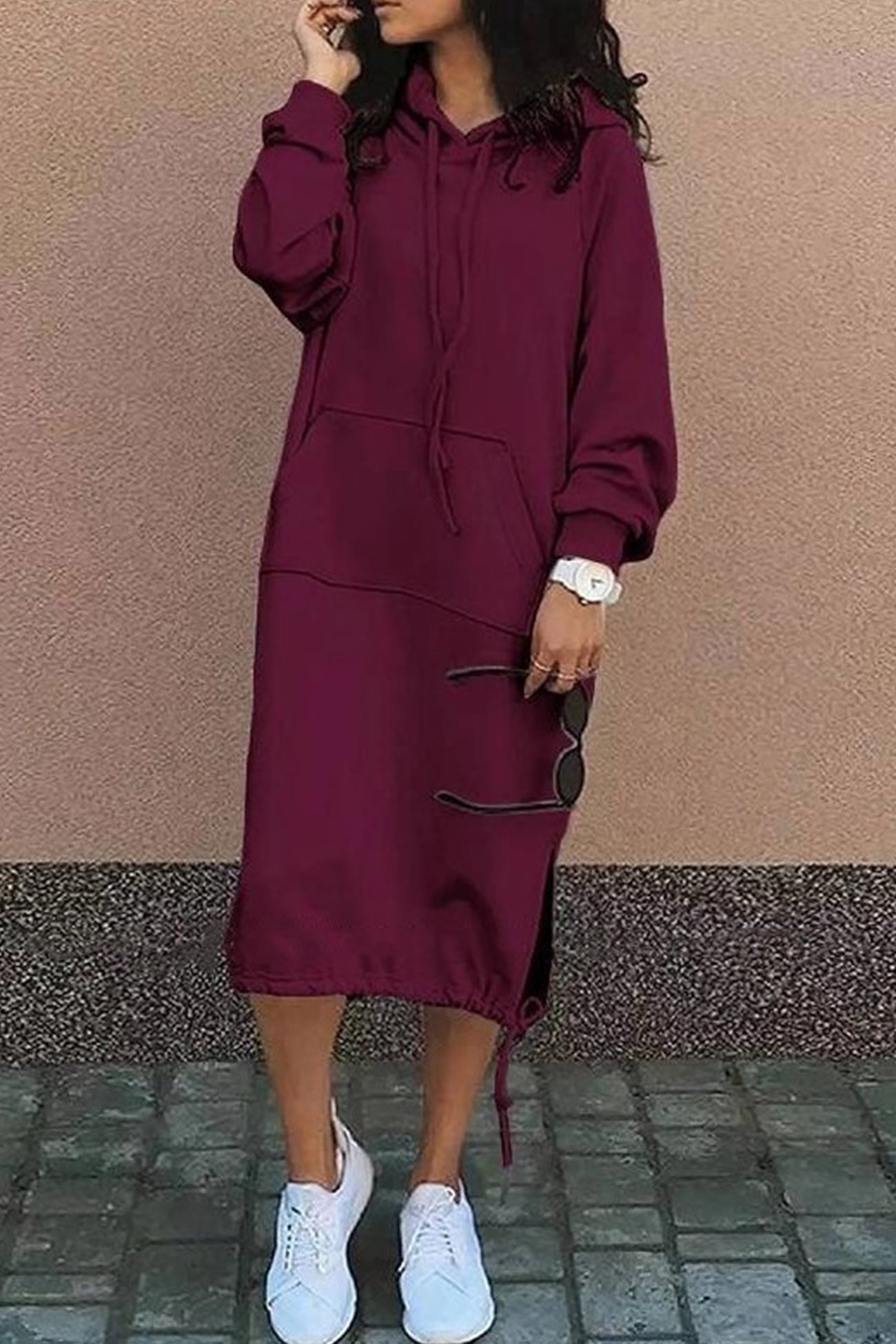 Drawstring Hood Midi Hoodie Dress