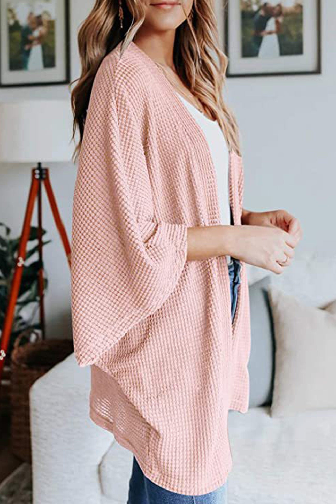 Women's waffle solid half sleeve wrap cardigan