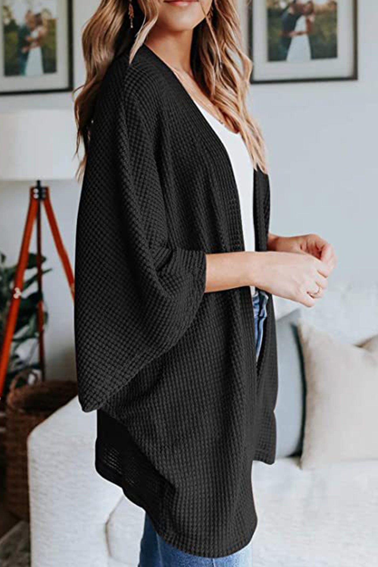 Women's waffle solid half sleeve wrap cardigan