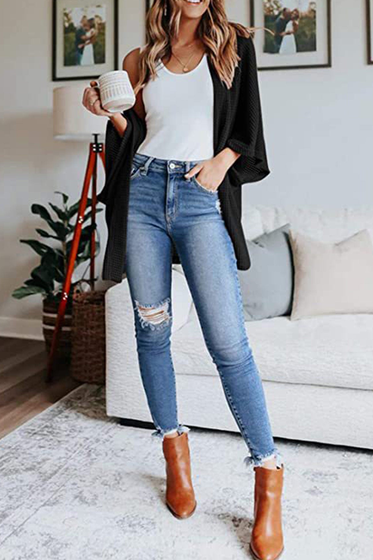 Women's waffle solid half sleeve wrap cardigan