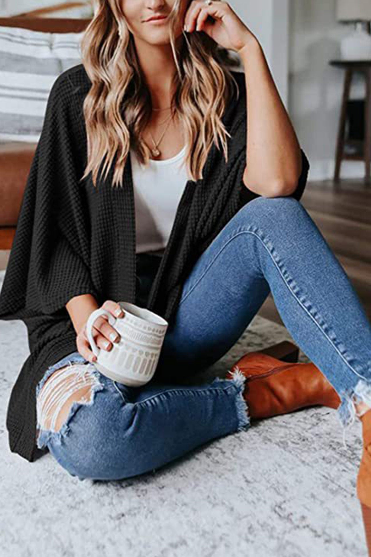 Women's waffle solid half sleeve wrap cardigan