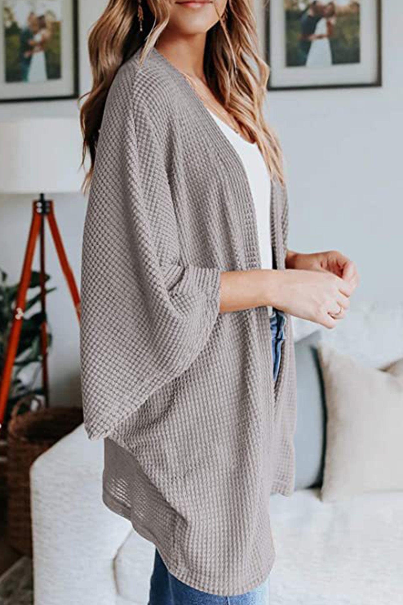 Women's waffle solid half sleeve wrap cardigan