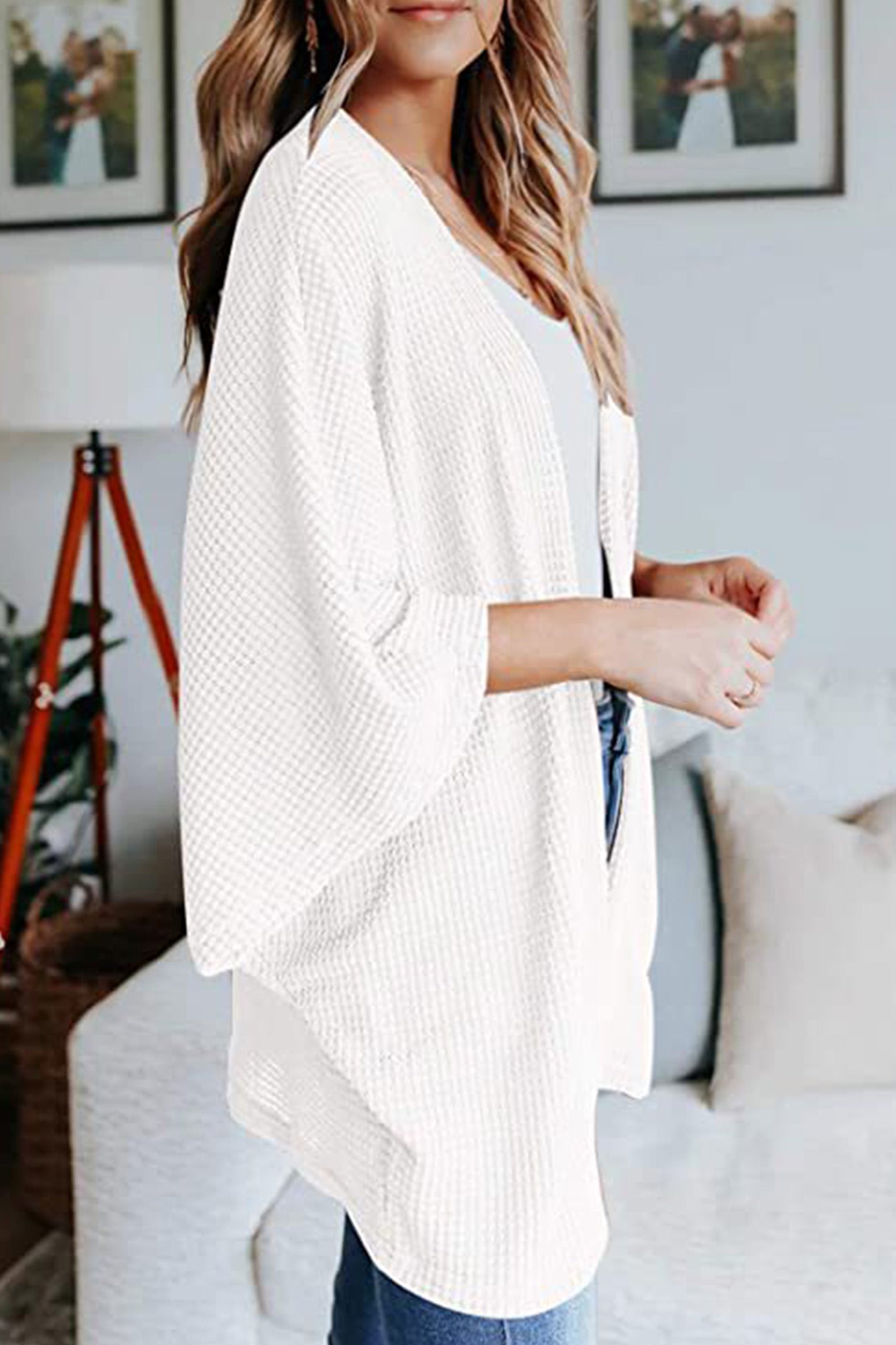 Women's waffle solid half sleeve wrap cardigan